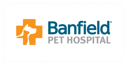 Logo of Banfield Pet Hospital featuring an orange cross with white silhouettes of a dog and cat facing each other, next to the text "Banfield PET HOSPITAL" in blue and grey letters.